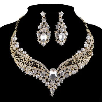 

india style golden color Bridal wedding jewelry sets rhinestone glass necklace and earrings set Women Party Prom pageant jewelry