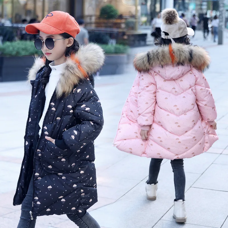 

Girls Winter Coats for Kids Outerwear Fur Collar Print Cotton Clothes Down Jacket Teenage Girls Jackets Thick Children Clothing