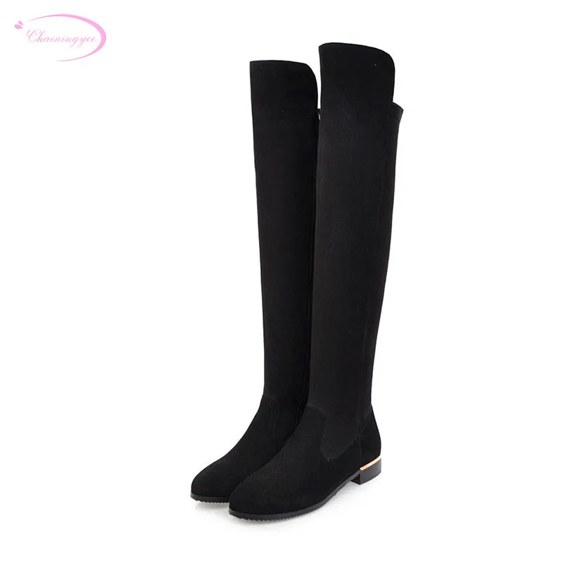 

Chainingyee street comfortable round toe nubuck genuine leather over knee high boots zipper black low heels women's riding boots
