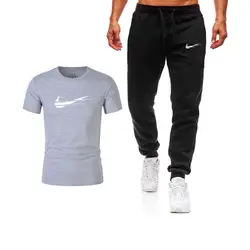 Высокое качество 2019 г. спортивный костюм мужской комплект футболки + Штаны комплекты из двух предметов Повседневное спортивный костюм