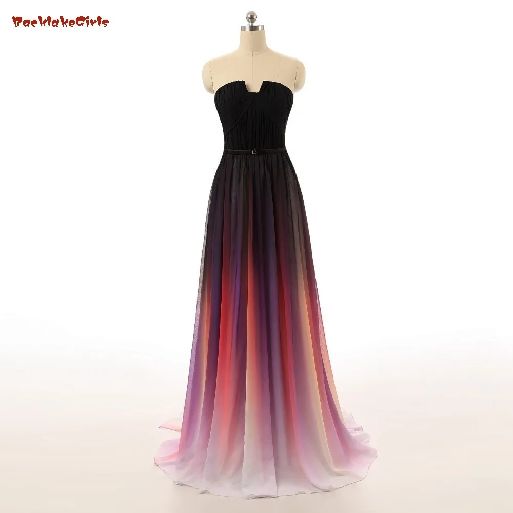 

Gradient Ombre Long Prom Dresses 2017 Strapless Chiffon Evening Dress with Pleats Colorful Women Prom Dress