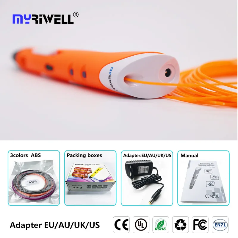 Myriwell 3d Ручка rp100a с бесплатной abs и pla нитью, 3d печатная ручка, 3d ручки для детей, инструменты для рисования, подарок на день рождения - Цвет: only orange  pen