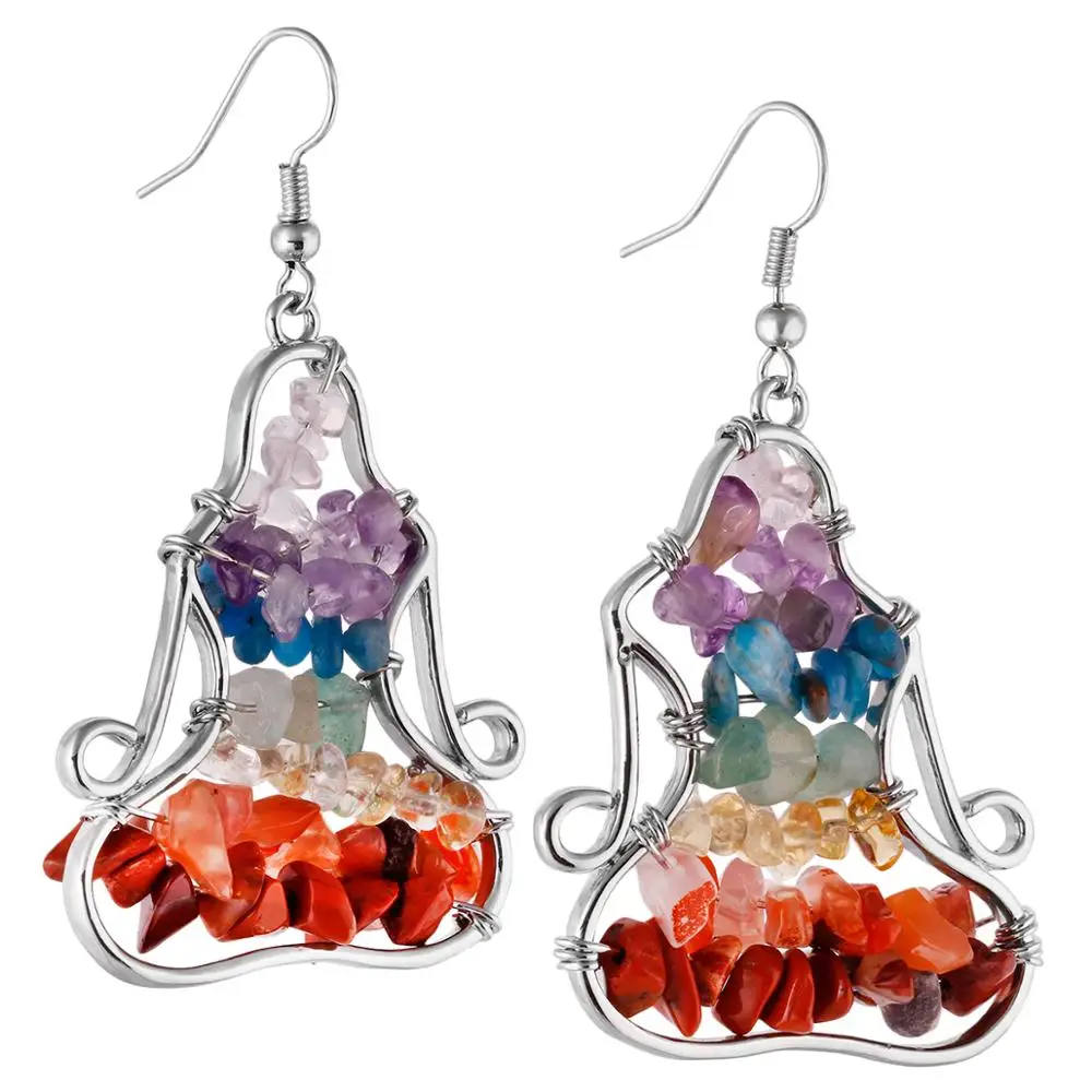 

TUMBEELLUWA 7 Chakra Yoga Crystal Women Dangle Hook Earrings,Healing Irregular Gravel Buddha Meditation Reiki Drop Earrings