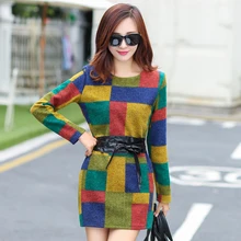 2016 New Autumn Women Dress Round Neck Long Sleeve Fashion Woolen Tartan Dress big yards Slim