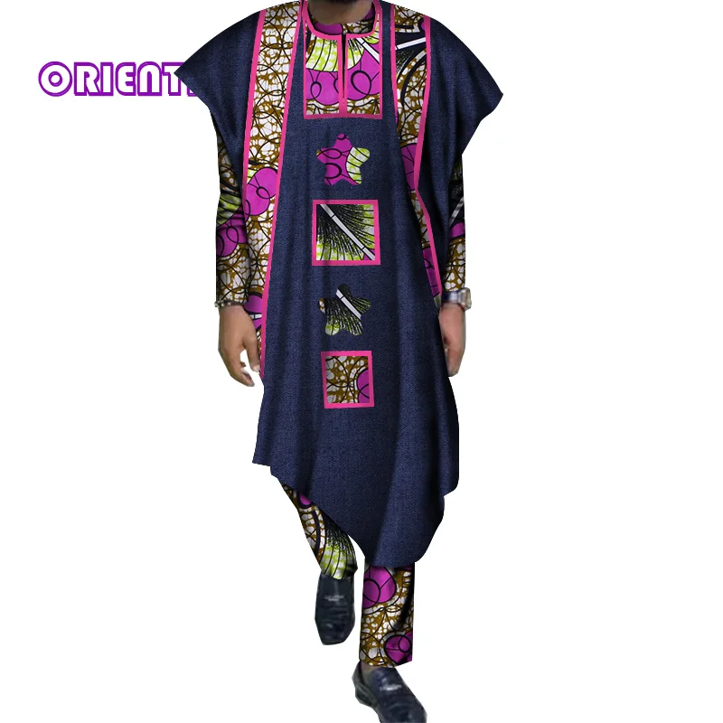 Костюм Для мужчин комплект рубашка с длинными рукавами бальное платье и штаны комплект традиционные африканские Базен Riche топы с принтом