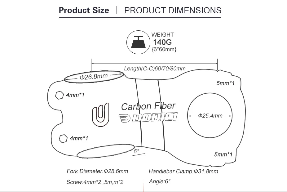 DODICI 6 градусов складной велосипед Алюминий сплав+ вынос руля велосипеда из углеродного волокна BMX 25,4*50/60/70/80 мм велосипедный вынос руля Запчасти труба из углеродистого волокна 3k Блеск для губ