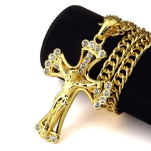 

Alloy Christian Jesus Cross Crystal Pendant Necklaces Thick Link Byzantine Chain Stainless Steel Men Jewelry Gift Hip - hop deco