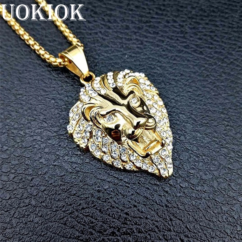 

Hip Hop Charm Iced Out Bling Golden Lion Head Pendants Necklaces Male Gold Color Stainless Steel Chain Rock Jewelry For Men