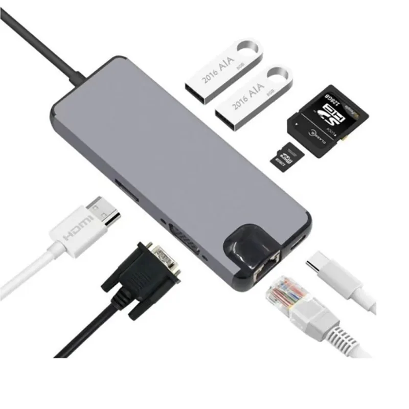 

Type C to SD/TF USB3.0*2 HDMI VGA PD Ethernet Lan RJ45 Adapter Cable USB3.0 Hub Card Reader for Macbook Pro Mate Pro X E