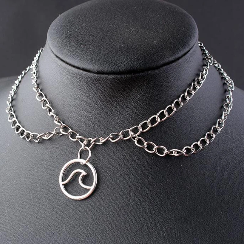 

Vintage Silver Wave Necklace Wolf Pendant Multilayer Chain Tree of Life Necklace Statement Moon Necklace Friendship Gift