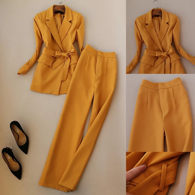 

2019 spring autumn Two Pieces Set Women Pant Suit Blazer +straight Pant Office Lady Work Wear Suits