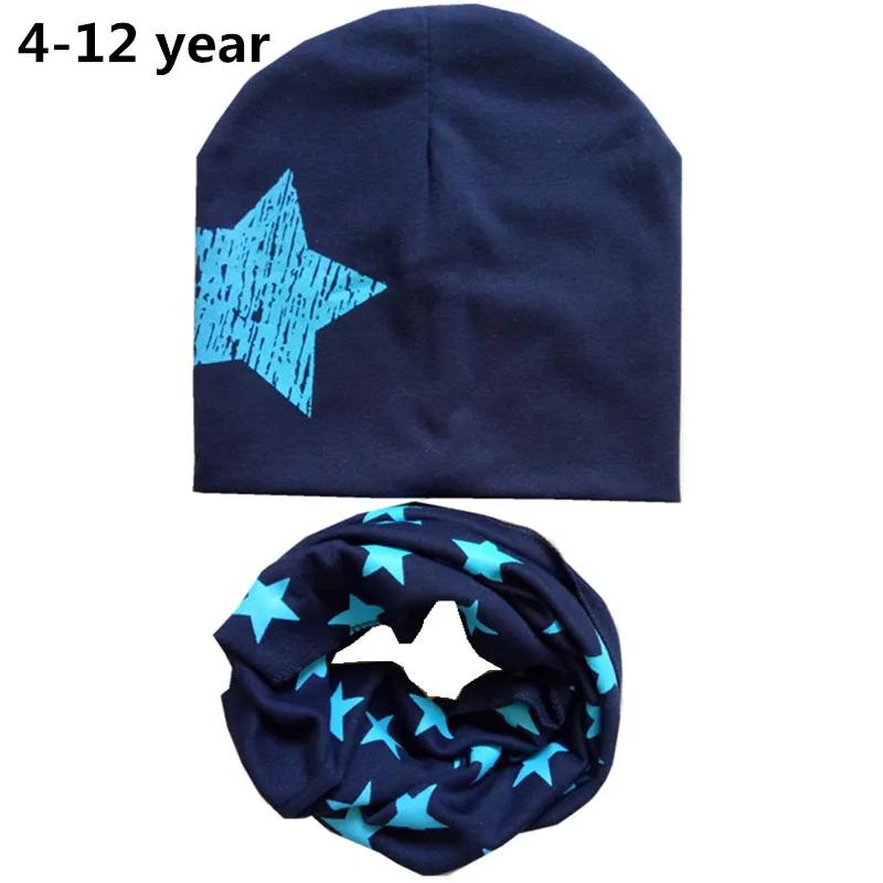 Осенне-зимний хлопковый Детский набор из шапки и шарфа с принтом большой звезды для маленьких девочек и мальчиков, шапочки, шапка для малышей, шапка, шарф для детей 4-12 лет - Цвет: navy big star set