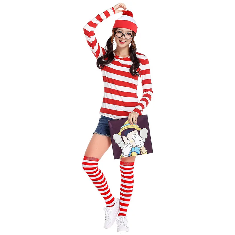 Where's Wally Красная белая шляпа топ рубашки с длинными рукавами очки женская одежда Вечерние зимние костюмы для косплея подарок