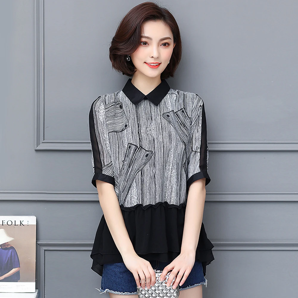

Spring and summer new style L-5XL large size chiffon short sleeve top Chiffon splicing print temperament top