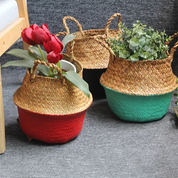 

Seagrass Laundry Basket Natural Rattan Flower Basket Vase Planter Nursery Pot Belly Basket Straw Toys Organizer Garden Decor