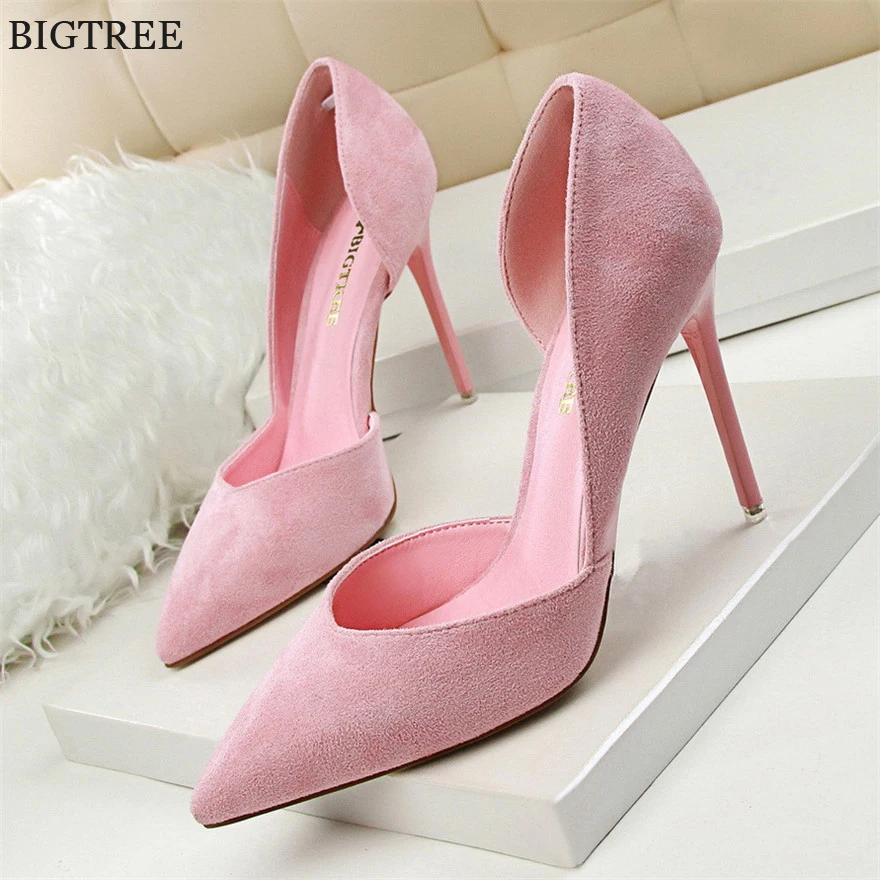 

BIGTREE Shoes Women Sexy Side Cut-Outs Shallow Pumps Spring Solid Flock Dress Wedding Pointy Toe Female High Heels Shoe Red Gray