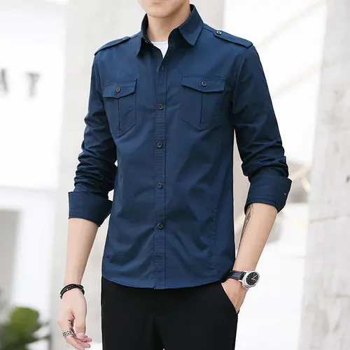 Мужская рубашка, новинка, хлопок, стиль сафари, модная, однотонная, высокое качество, удобная, с длинным рукавом, рубашка с плечевым ремнем, мужские рубашки - Цвет: Navy