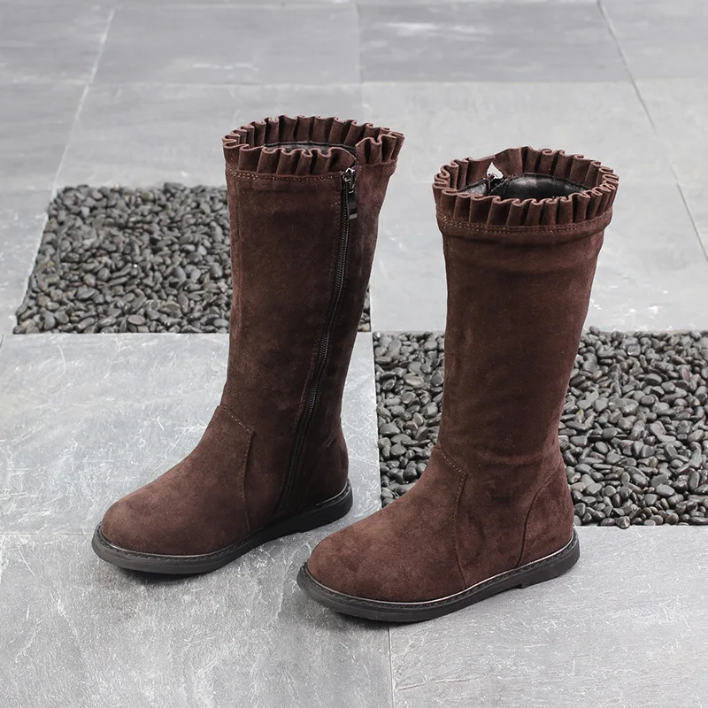 

Girls Boots High Tops Princess Winter Autumn Booties Solid Color Side Zipper Suede Leather High Quality Children Shoe Size 26-37