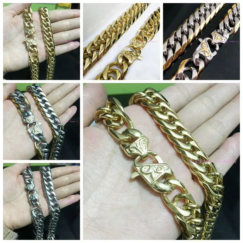 

7-40inch Custom Sizes Silver Gold Cuban Curb Link Chain Stainless Steel Cool Mens Gift Jewelry Bracelet 13/16mm Wide Top Quality