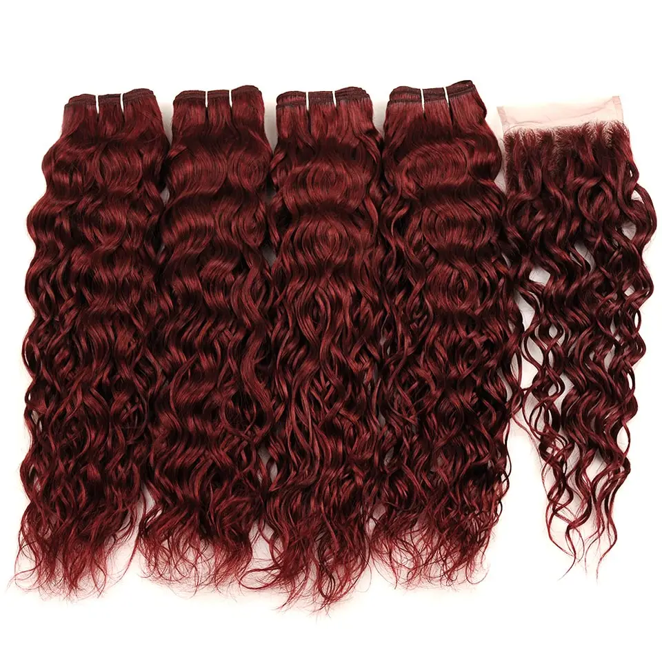 Pinshair волна воды бразильского Красного человеческих волос 4 Связки с закрытием бордовый 99J пучки волос с закрытием не Реми может быть