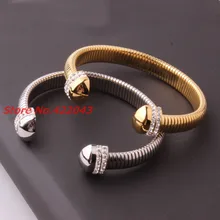 Fashion 8mm Novelty Silver Or Gold Tone Stainless Steel Women’s Cuff Bangle With top Crystal CZ Jewelry Bracelet Christmas Gift