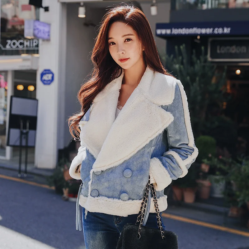 

Dabuwawa Velvet Short Chic Outwear Coats for Girls Lady Women Blue Warm Street Lapel Motorcycle Jackets D18DSO003