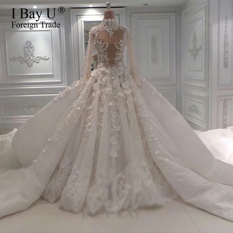 

High Neck Luxury Long Train Wedding Dresses 2019 Sheer Neck Back Crystal Wedding Gown Vestido De Noiva Princesa Luxo Trouwjurken