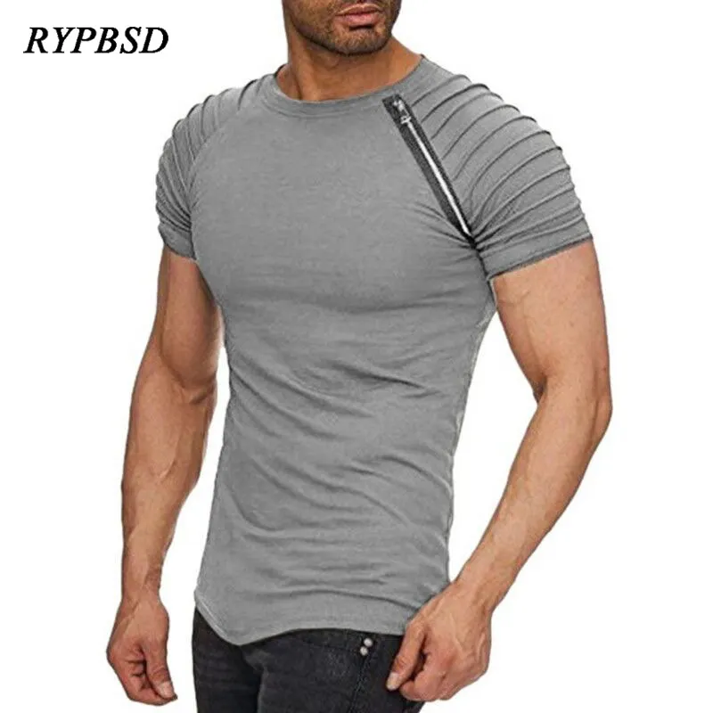 New Arrival Fashion Basic Zipper Design Fold Striped T shirt Men Short