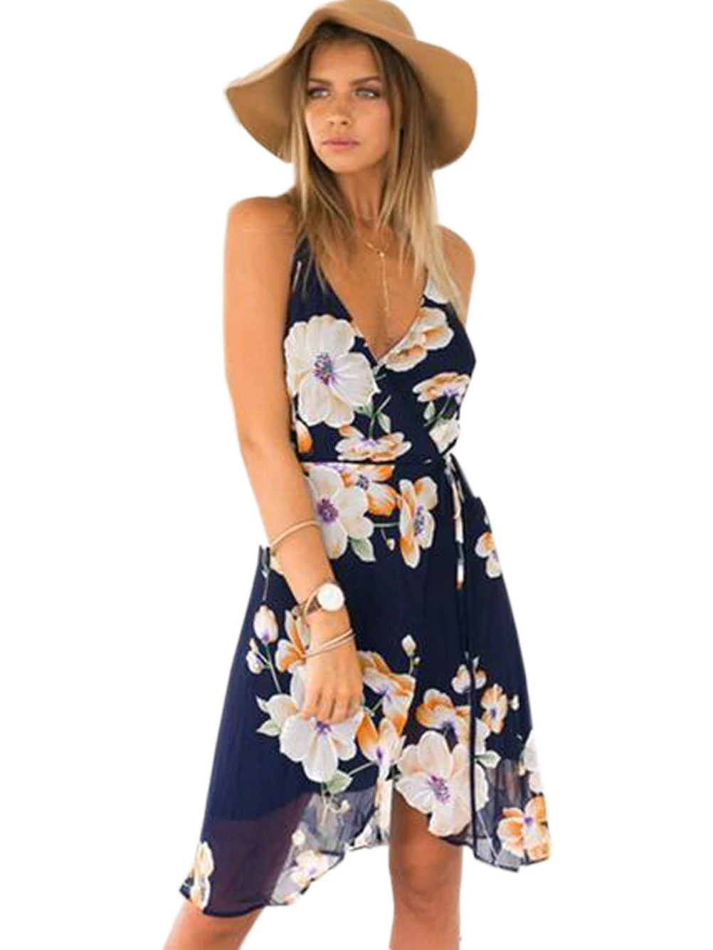 Floral Print V Neck Spaghetti Wrap High Low Beach Dress Summer Open ...