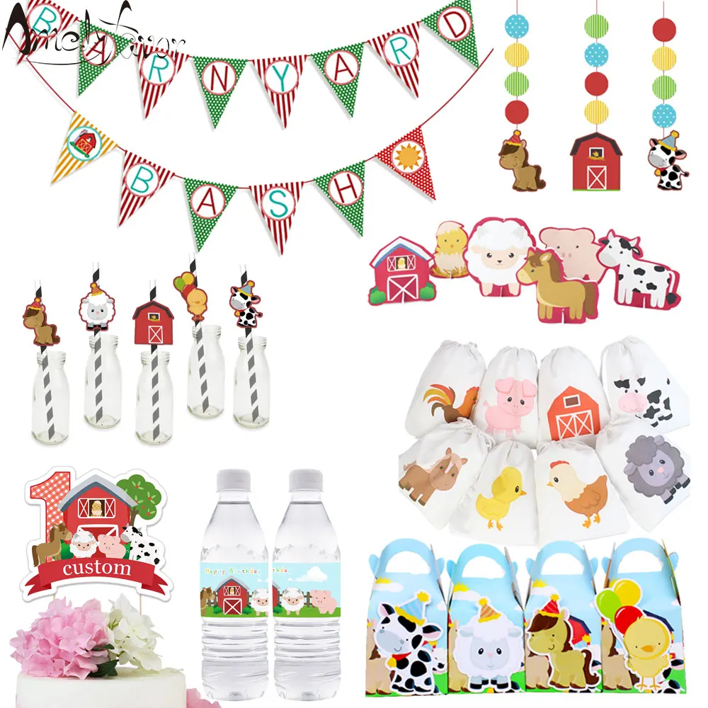 

Farm Animals Theme Party Supplies Box Invitation Ceiling Hanging Straws Bags Cake Topper Bottle Label Banner Party Decoration