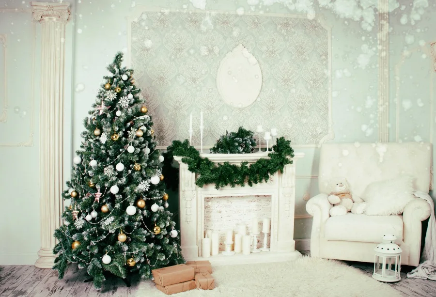 

Laeacco Christmas White Wall Fireplace Wreath Tree Gift Snowflake Interior Photo Backgrounds Photography Backdrop Photo Studio