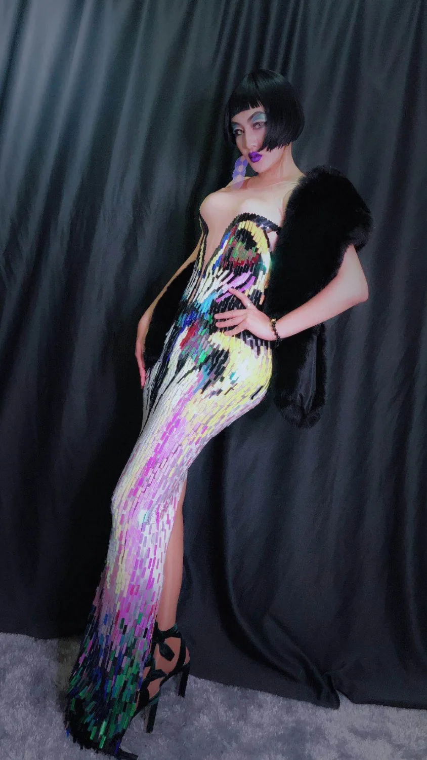 Fashion Colorful Sequins Long Dress Evening Party Wear Luxurious Stretch Dress Prom Birthday  Celebrate Female Singer Dresses