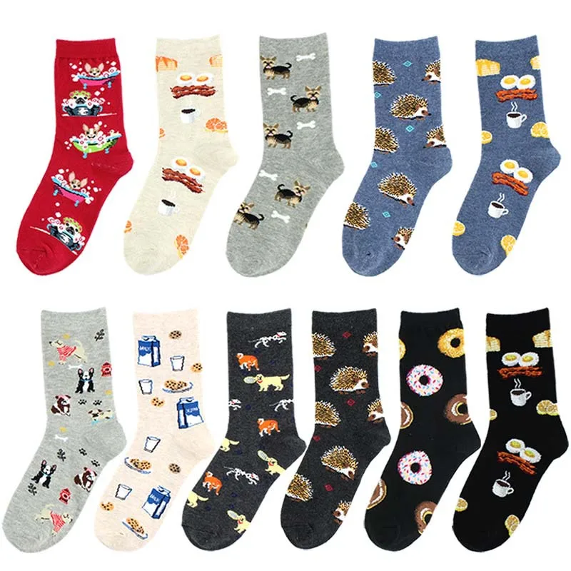

Adult Size Mid Calf Crew Socks Hedgehogs Doughnuts Cute Lovely Animal Sharp Spikes Coffee Bacon Tea Cat Hot Dog Ham Breakfast