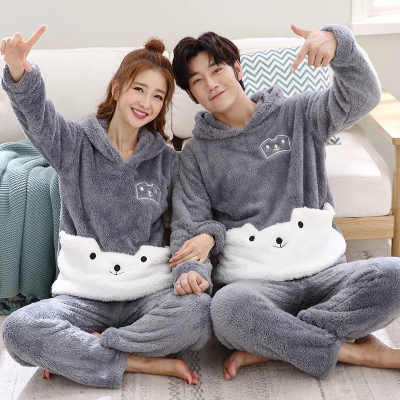 

Winter Women Pyjamas Sets Plush Coral Fleece Pajamas Suit Thicken Warm Flannel Sleepwear Couples Animal Cartoon Hooded Pijamas