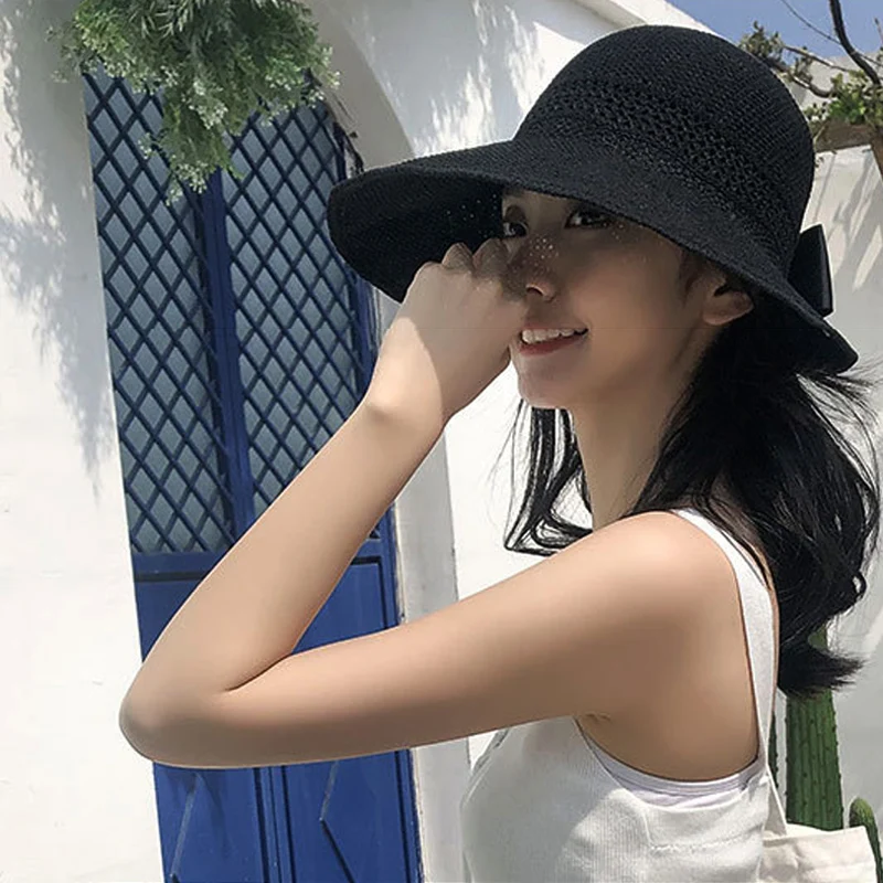 

Summer hat Cap sun hat new knitted empty top hat female summer sunscreen bow Wide side hat riding outdoor sun hat