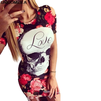 

Skull Floral 3D Bodycon Wrap Dress New Fashion Short Sleeve O Neck Summer Slim Fit Pencil Dress Robe Vintage Club Party Dresses