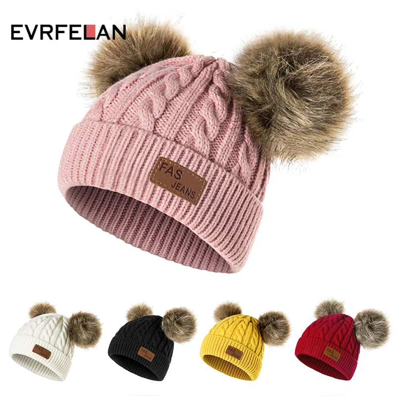 

Evrfelan Boys Girls Winter Hat Children Knitted Beanies Hat 2 Pom Poms Kids Thick Warm Skullies Beanies Hat gorras bonnet