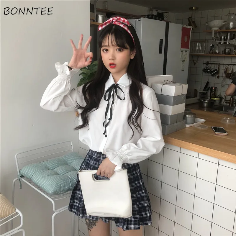 Baratos Camisas para mujeres 2019 estudiantes de escuela encantadora manga de linterna camisa de mujer cuello vuelto estilo coreano Simple ocio mujeres Chic