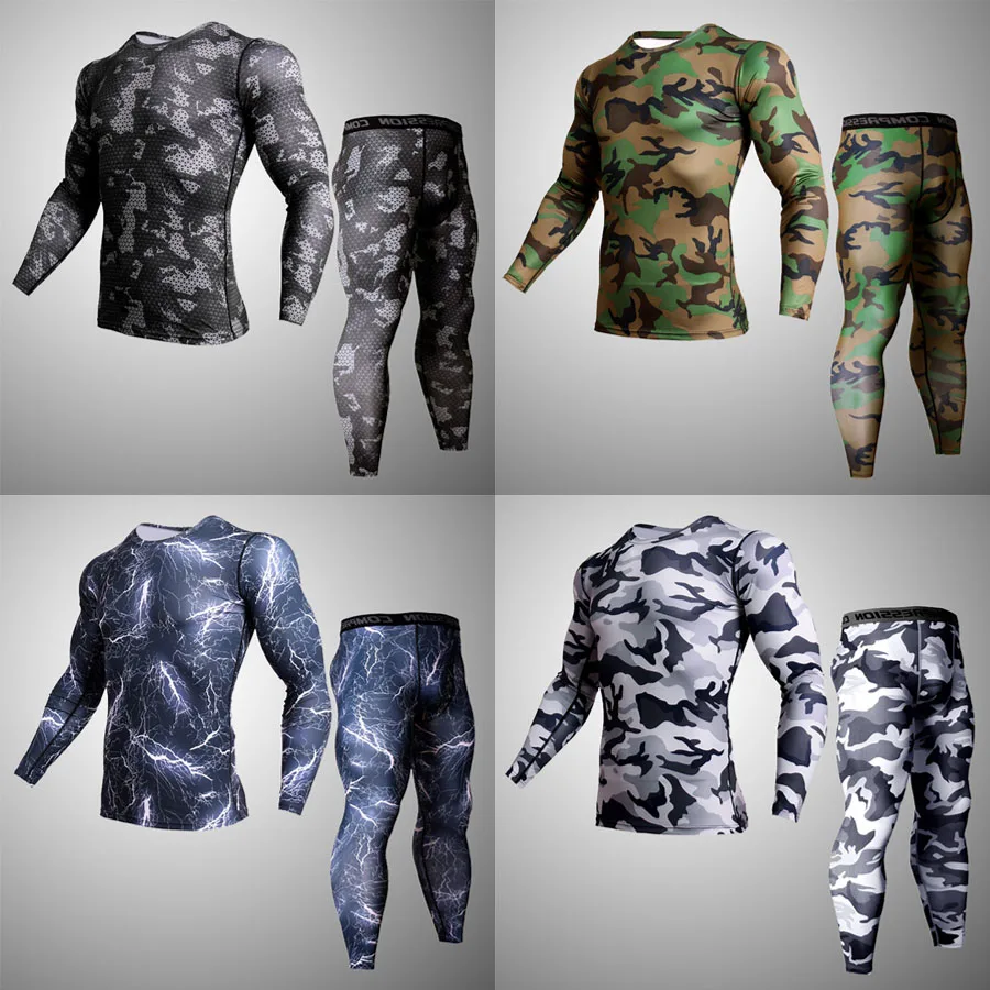 

Men's Sports Underwear Set Camouflage Jersey Shirt Leggings 2 Piece Sportswear Set Dry Fit t shirt Sports Compression Underwear