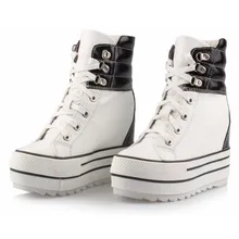 Высокое качество Овчины Ботильоны Скрытые Клинья Высокий Верх Lace-up Лифт Повседневная Обувь На Высоких Каблуках Платформы Пинетки Одного обувь