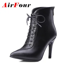 Airfour Winter High Heels Cross Lace-up Ankle Boots Women Zipper Black White Red Shoes Fashion Women Thin Heel Platform Boots lace design spring winter wedding women peep toe zipper shoes solid white red thin high heels sweet fretwork ankle boots women
