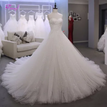 

Fmogl Romantic Strapless Pleated Royal Train A-Line Wedding Dresses 2019 Appliques Pearls Princess Wedding Gown Robe De Mariage