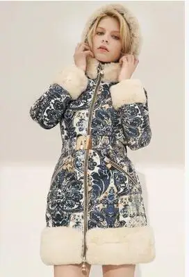 Роскошные новые модные женские зимние длинные пуховики с меховым капюшоном с меховым рукавом, женское теплое пуховое пальто с принтом PQ134 - Цвет: Printing