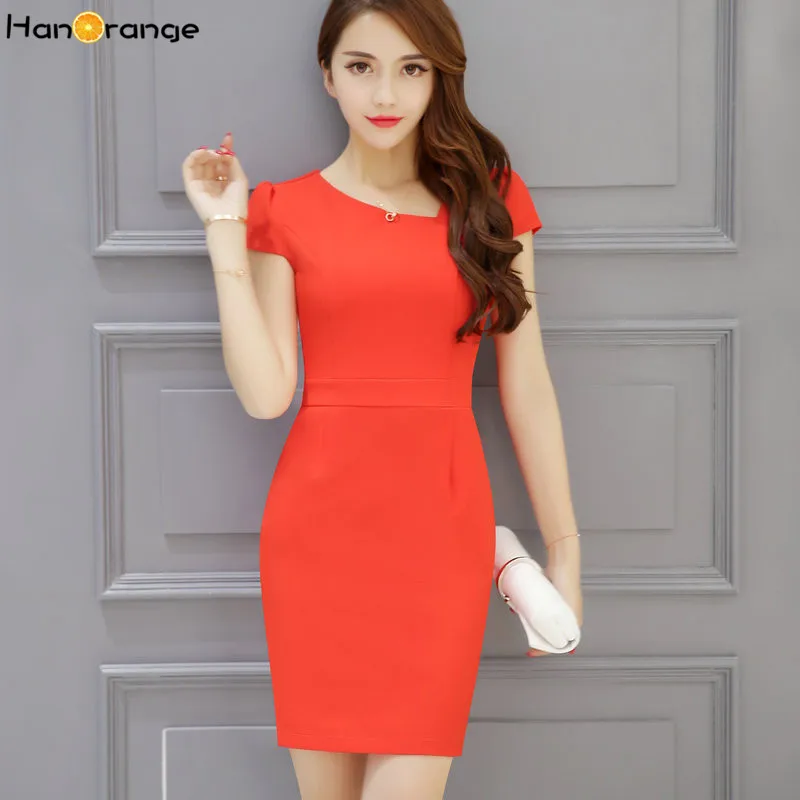 

HanOrange OL Office Lady Short Sleeve Women Female Mini One-piece Dress Black/Green/Red S-XXXXL
