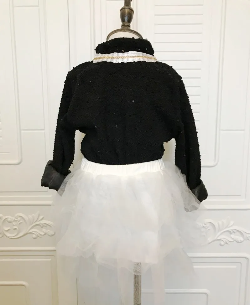 EMS, DHL,, белый, черный комплект из 2 предметов с длинными рукавами, кардиган, юбка-пачка, детская одежда г. Весенний Школьный костюм