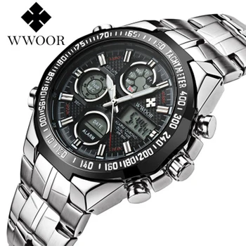 

WWOOR Silver Men's Business Watch Waterproof Dual Display Sport Watches Men Stainless Steel Strap Luminous Quartz Wristwatch Men