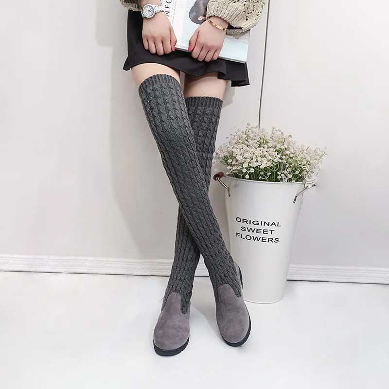 

New Knitted Woman Shoes Flat Long Boots Wool Spring and Winter Slope with Velvet Ladies Shoes Over the knee Black Boots