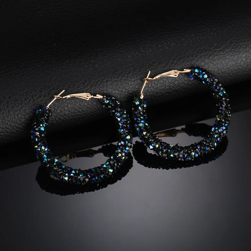 Новые модные серьги-кольца из смолы с кристаллами для женщин, цвет черный, синий, белый, Круглый Круг, серьги для свадебной вечеринки, ювелирных изделий