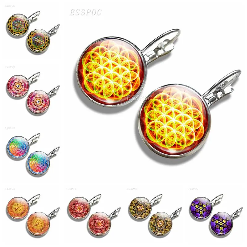 

Mandala Pattern Hoop Earrings Glass Cabochon Flower of Life Mandala Silver Plated Hook Earring Fashion Ear Accessories for Women