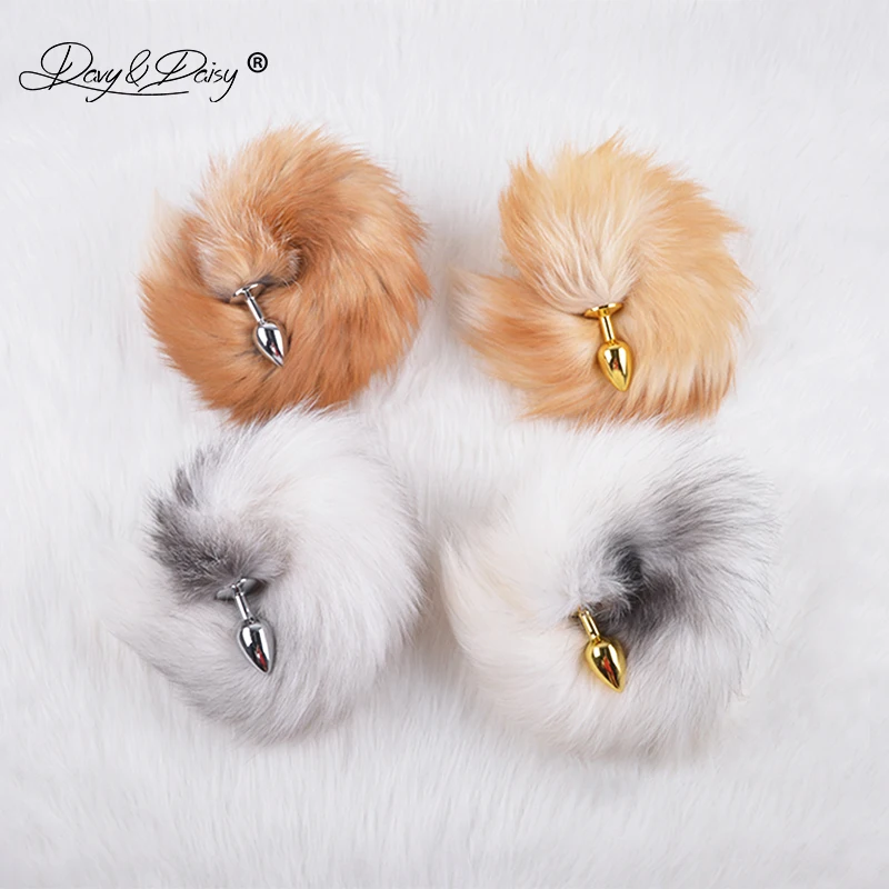 Online DAVYDAISY plateado dorado Metal Anal Plug Real zorro cola Butt Plug Acero inoxidable mujeres adultos sexo accesorios para parejas AC105